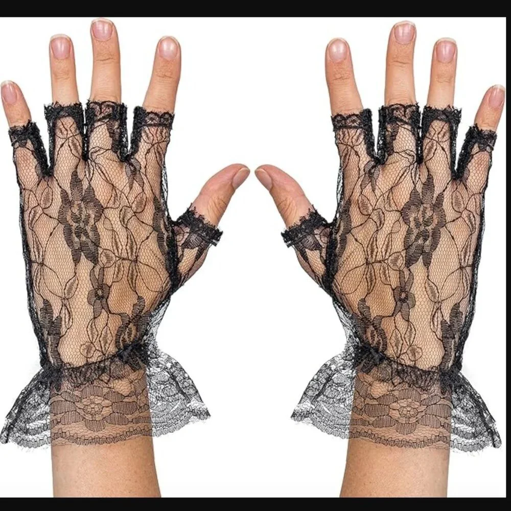 Skeleteen Black Fingerless Short Lace Gloves